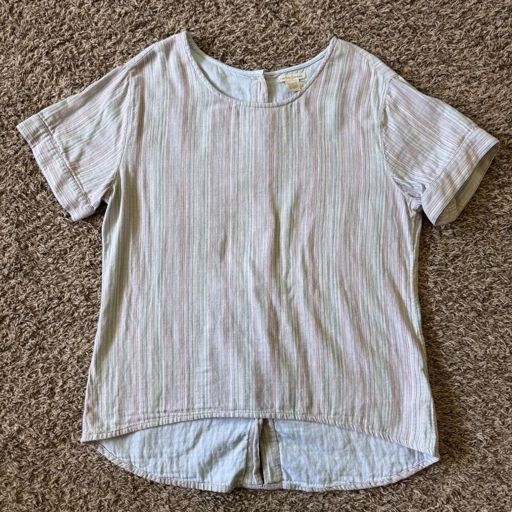 carbon 2 cobalt wmn sz L 100% cotton stripe back button hi lo shirt cottagecore